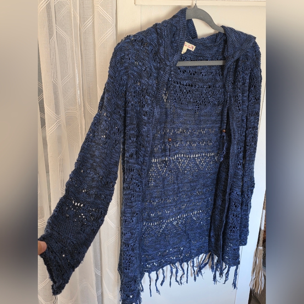 Navy Blue Women's Open Sweater with Fringe